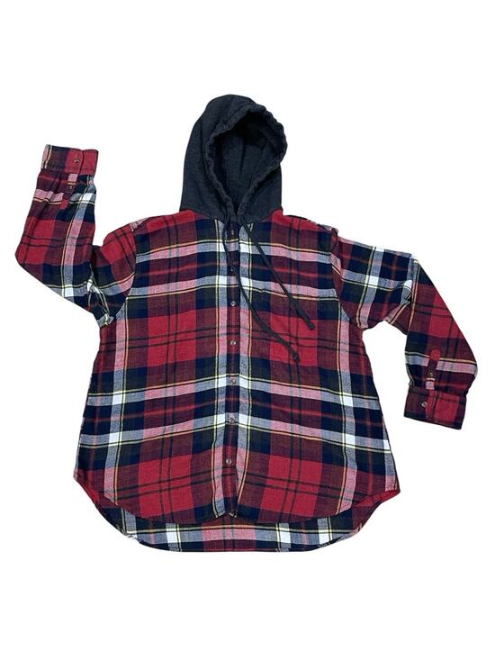American Eagle Outfitters Tops - AMERICAN EAGLE Women's Red/Black Plaid Hoodie Button Down Flannel Top Sz Medium